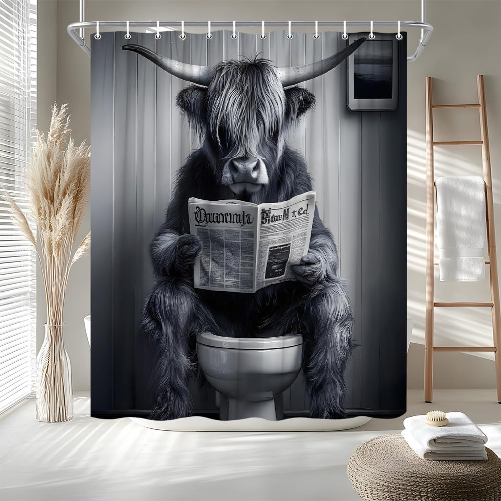 Funny Highland Cow Shower Curtain Black White Cattle Reading Newspaper on Toilet Humor Western Farmhouse Bull Wildlife Bath Curtain Fabric Bathroom Accessories Decor with Hooks 70W x70L image 3