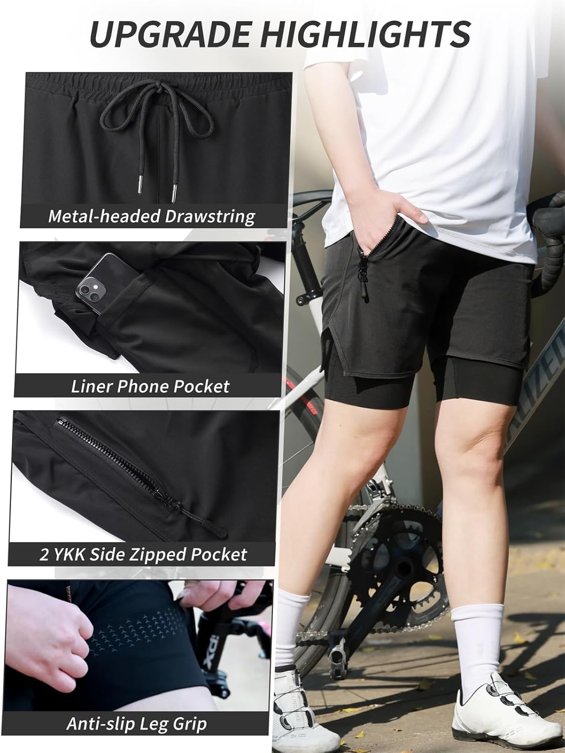 WOSAWE Men's MTB Cycling Padded Shorts Silicone Gel Padded Mesh Liner Bike Shorts