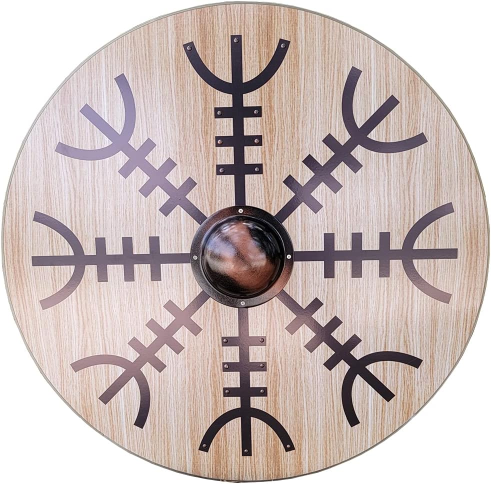 Viking Runes Helm of Awe Aegishjalmur Norse Compass 32 Inches Wooden Round Shield Huge