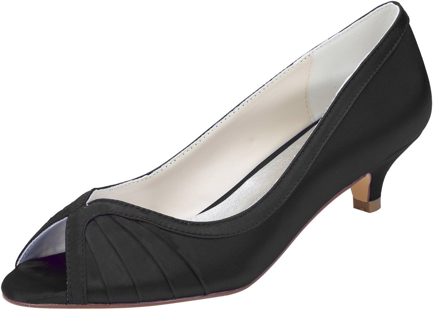 Emily Bridal 011-22 Women's Wedding Shoes Peep Toe 1.57 Inches Kitten Heel Satin Pumps with Ruffles Bridal Shoes(EU42/10.5 B(M) US, Black)
