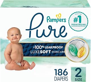 Pampers Pure Protection Baby Diapers, Size 2 (12-18 lbs), 186 Count, Up to 100% Leakproof, Premium Plant-Based Skin Protection, Hypoallergenic Soft Diapers