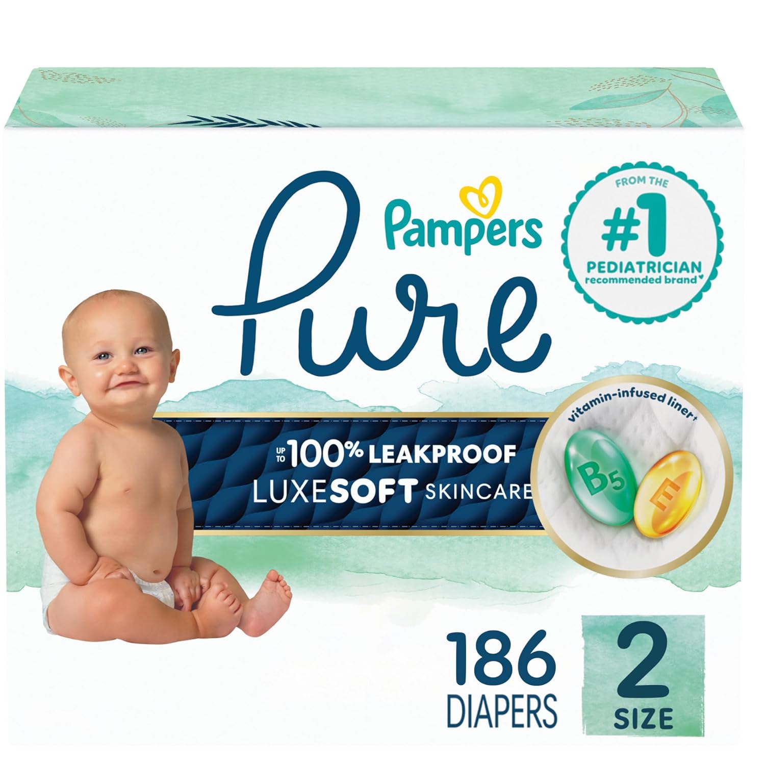 Pampers Pure Protection Baby Diapers Size 2 12-18 lbs 186 Count Up to 100 Leakproof Premium Plant-Based Skin