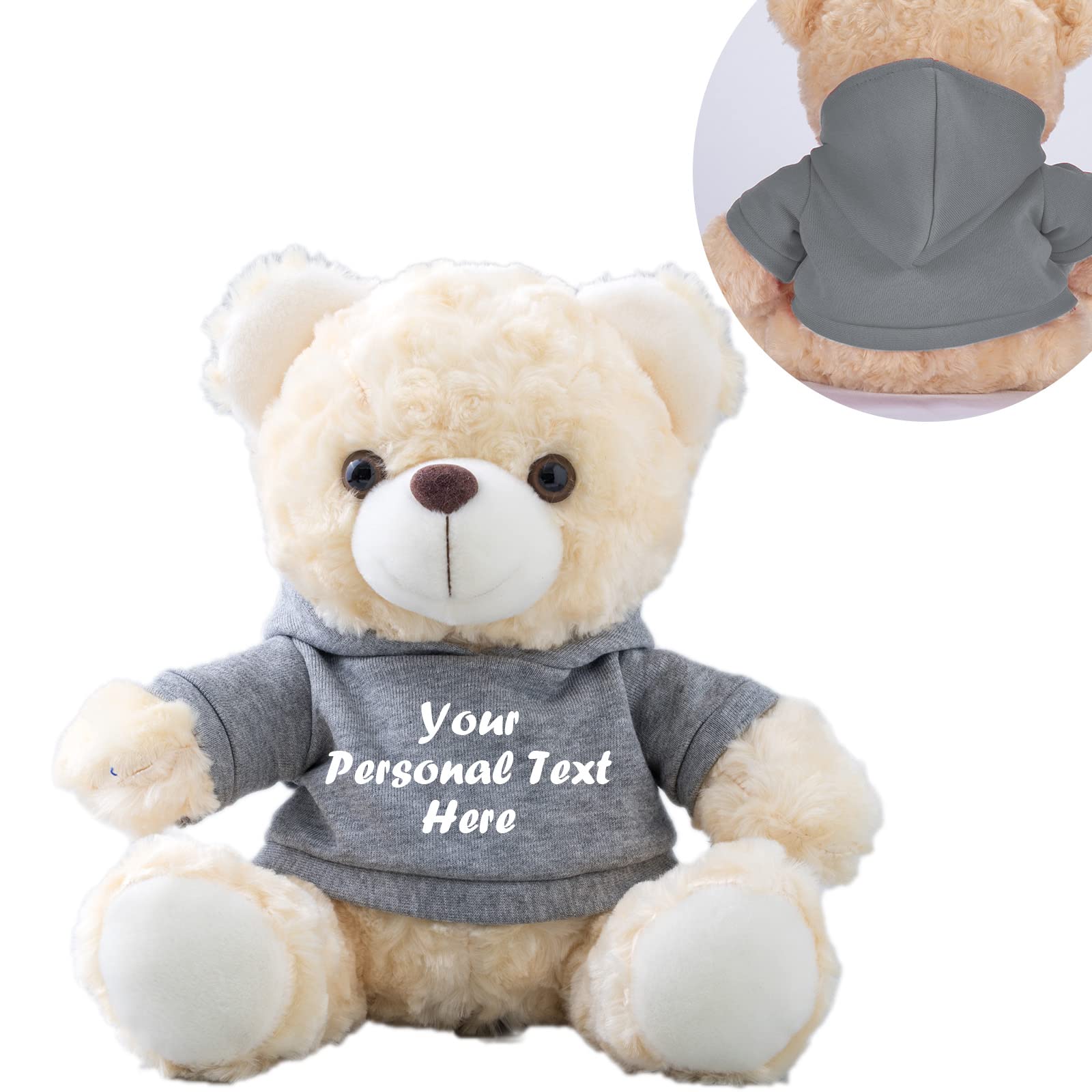 Personalized Teddy Bear With Custom Text - 8" Gray Hoodie Bear, Customizable Gift For Family, Friends, Christmas, Birthday