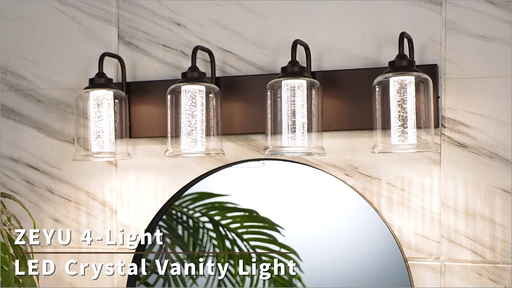Image of zeyu 20W LED Vanity Light Bathroom, 4-Light Farmhouse Vanity Lighting Over Mirror with Crystal Bubble and Clear Glass, 5CCT Adjustable, Oil Rubbed Bronze Finish, ZSL72B-4W LED ORB-1