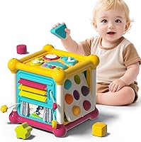 PANITU 6-in-1 Baby Activity Cube for 6-12 Months: Music Busy Board with Shape Blocks, Gears, Pop-Ups - Toddler Sensory Toy & 1st Birthday Gift