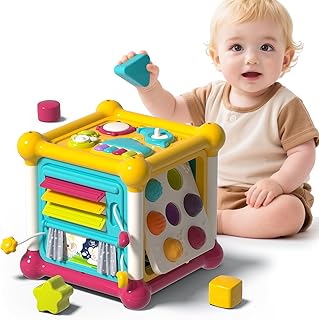 Cubo de actividades para bebés, juguetes de cubo para bebés de 6 a 12 meses, tablero de música para niños pequeños con 4 bloques de forma sensorial, juguete educativo 6 en 1, juguete educativo de desarrollo temprano, Navidad, regalo de cumpleaños para niños de 1 año