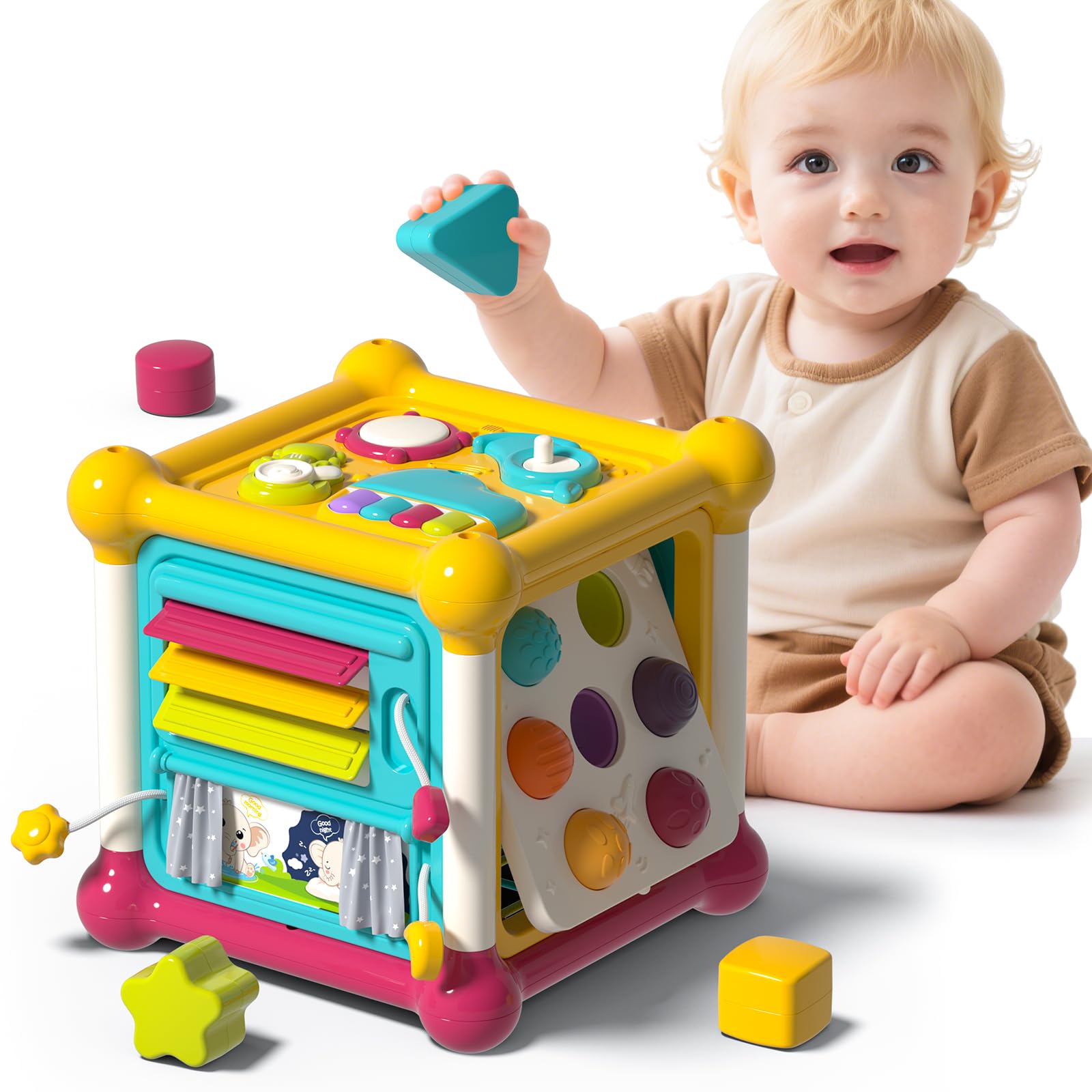 Baby Activity Cube, Cube Toys for Babies 6-12 Months, Toddler Music Busy Board with 4 Sensory Shape Blocks, 6-in-1 Educational Early Development Toy, Christmas, Birthday Gift for 1 Year Old