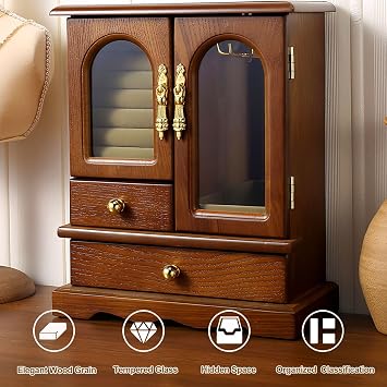 Wooden Jewelry Box Organizer Functional With Drawers, Black Walnut Wooden Jewelry Box for Women, Brown Wood Grain Design, Spacious Storage for Necklaces/Earrings/Collections (C Bronze)