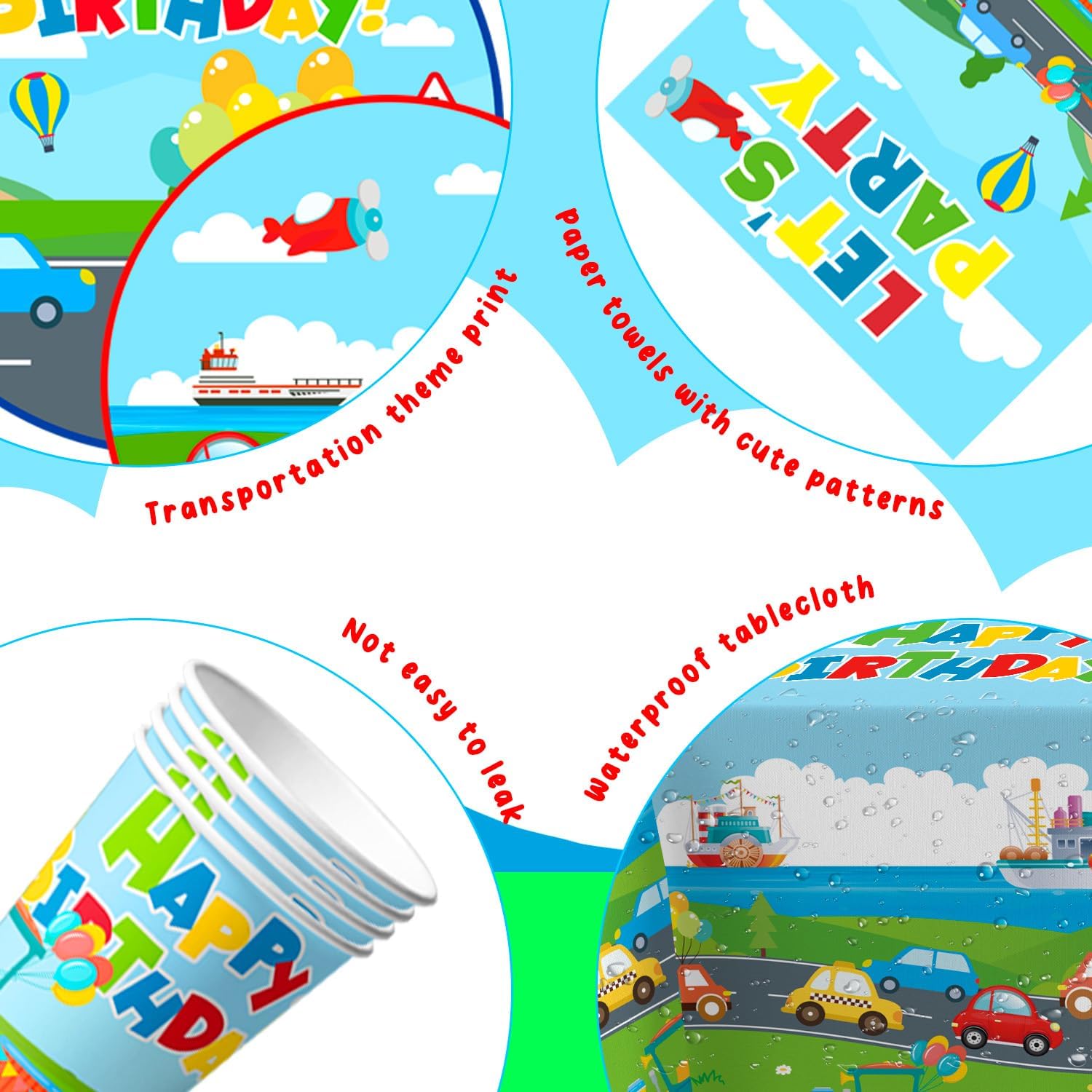 Transport Birthday Party Supplies, 24 Guests Transportation Party Tableware Set Transport Party Decoration Banner Tablecloth Plates Cups Napkins for Train Bus Car Birthday Party - Image 3