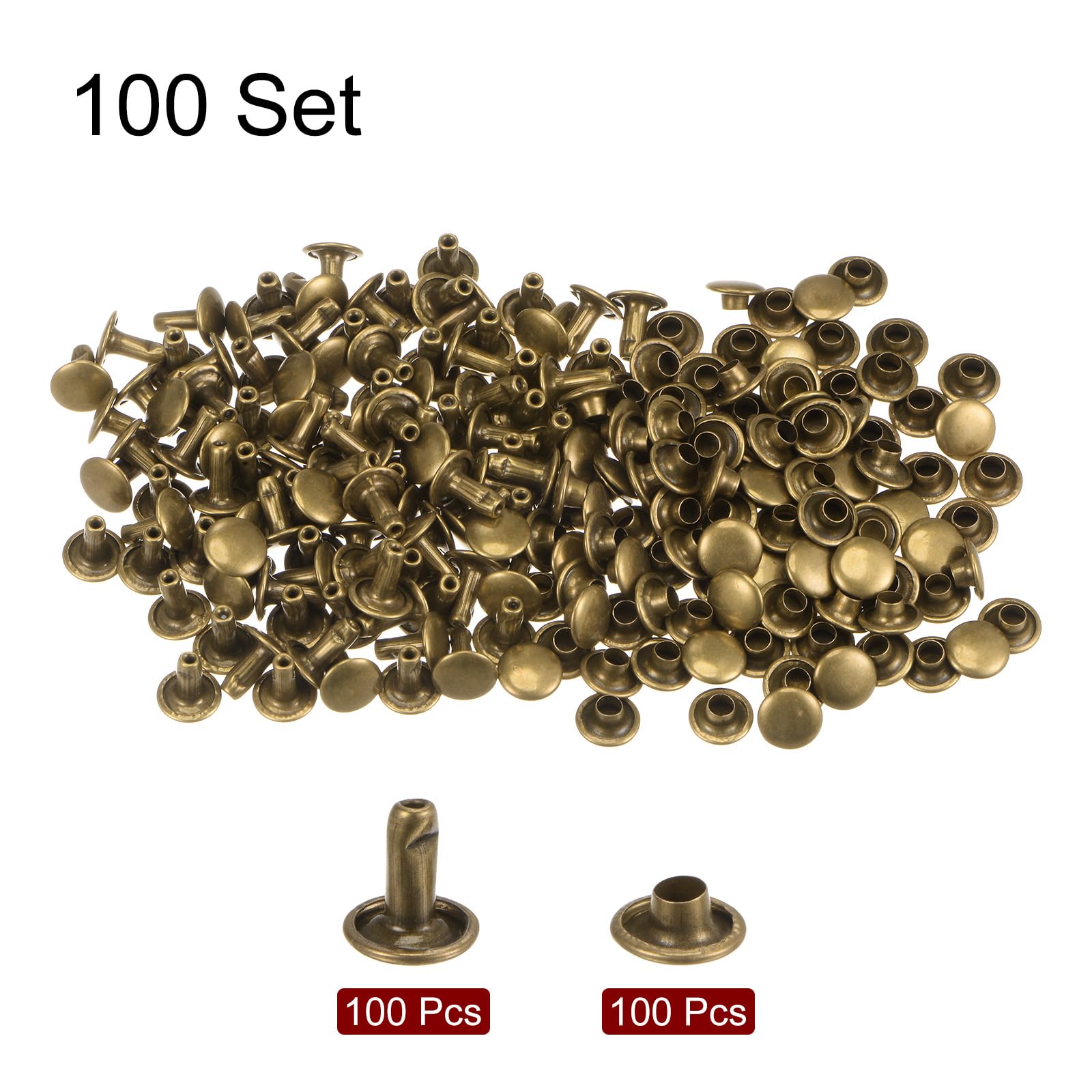 QUARKZMAN 100 Set di Rivetti in Pelle 8 x 8mm Elementi Fissaggio per Borchie con Rivetto a Doppio Cappuccio Metallo con 3 Rivetti Strumenti Impostazione per Artigianato Pelle, Tono Bronzo