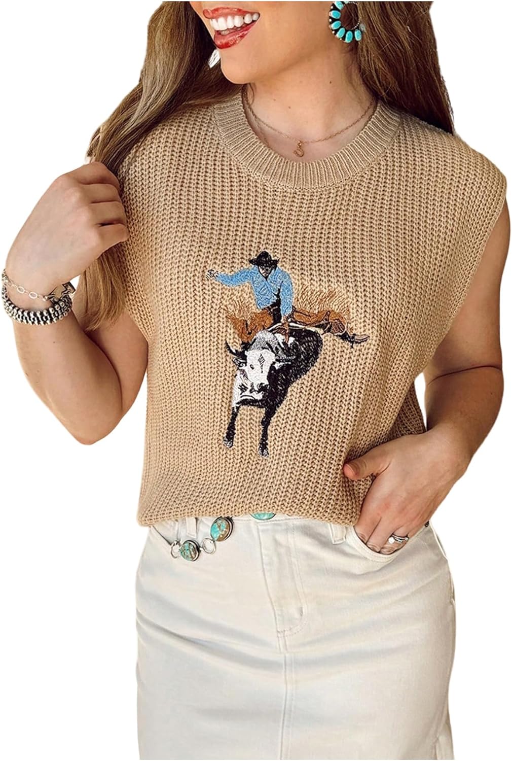 WDIRARA Women's Western Cowboy Embroidered Sweater Vest Crew Neck Cap Sleeve Pullovers Ribbed Knitwear