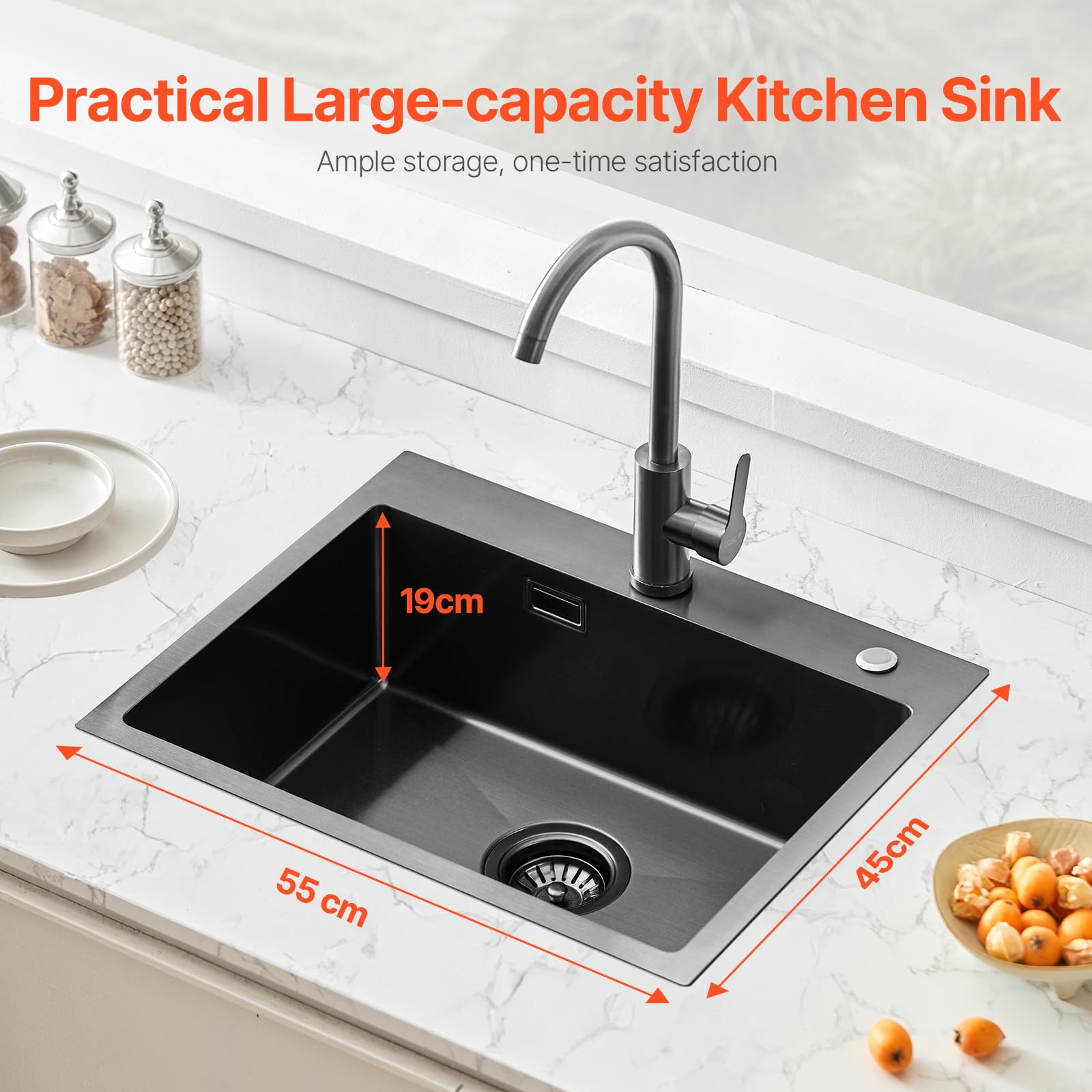 VEVOR Évier de cuisine avec montage supérieur en acier inoxydable 304, avec accessoires, pour camping-car, cuisine de préparation et barre, noir, 550 x 450 x 190 mm