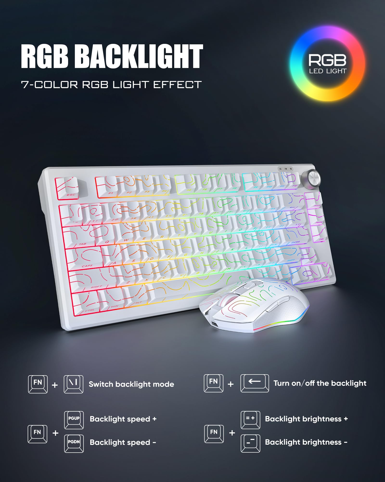 RedThunder K75 75% Wireless Membrane Keyboard and Mouse,3-Mode 2.4G/BT/USB-C,US Layout Side-Engraved,Volume Knob,TKL Ultra Compact Design,Optical Gaming Mouse with 4800DPI for PC Mac (Contour White) — view 6