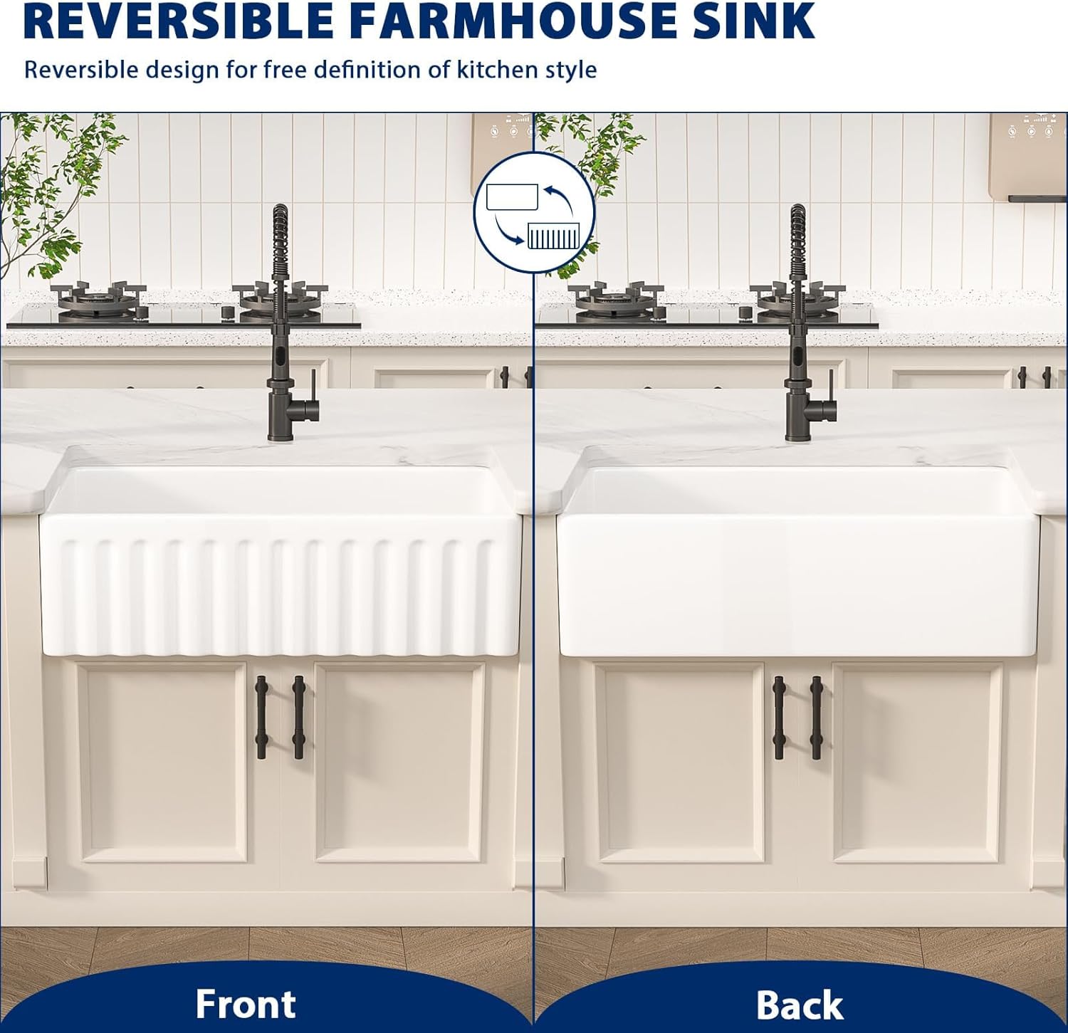 White Farmhouse Sink 33 Inch - Geworzi 33x18 Farm Kitchen Sink Fireclay Reversible Apron Front Deep Single Bowl Sinks,White Ceramic Porcelain Farmer Style Barn Sinks, 33''x18''x10''