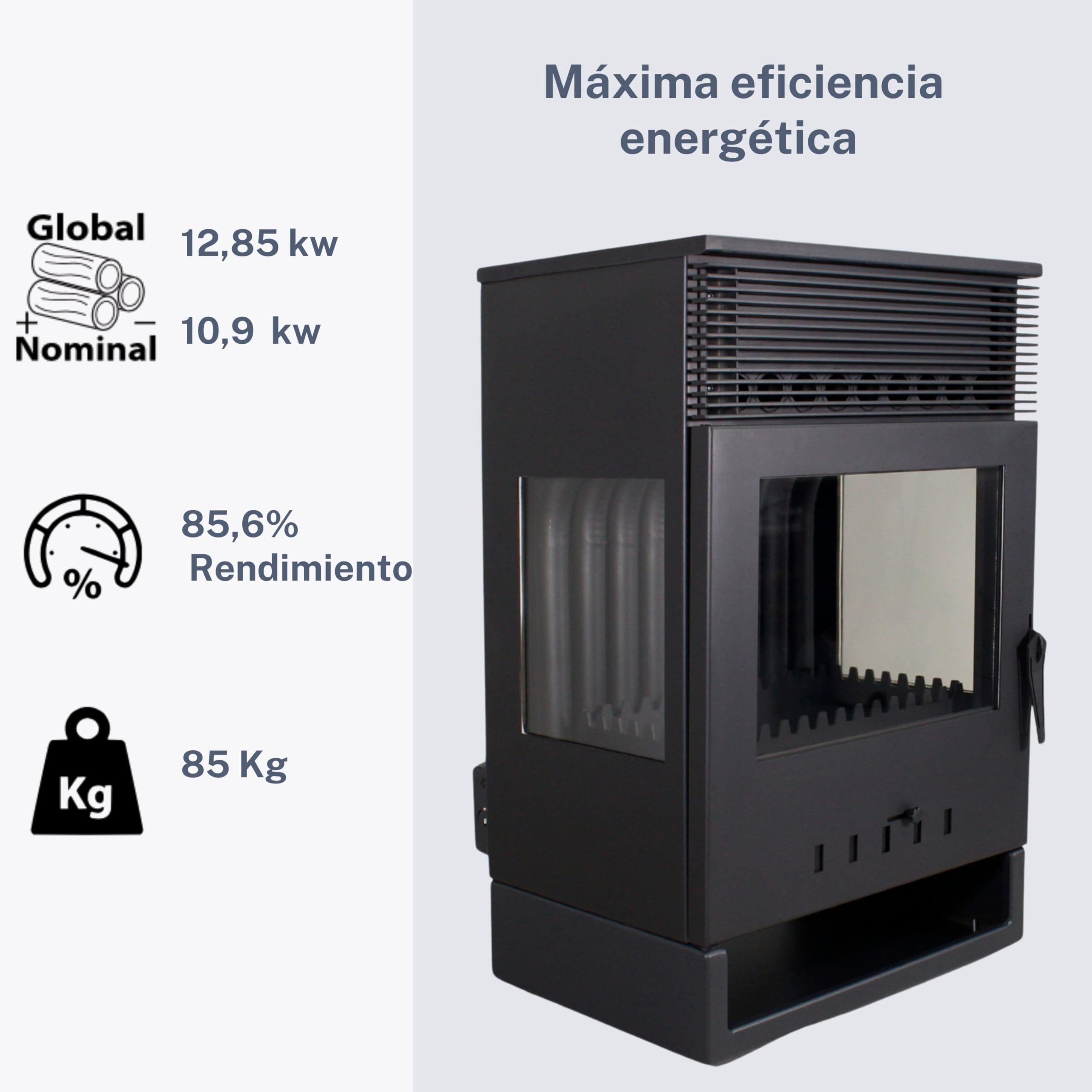 EIDER BIOMASA Estufa de Leña TOKIO VENTILADA – 12,85 kW – Rendimiento 85,6% – Hasta 230.0 m³ – Doble Combustión – Certificada CE
