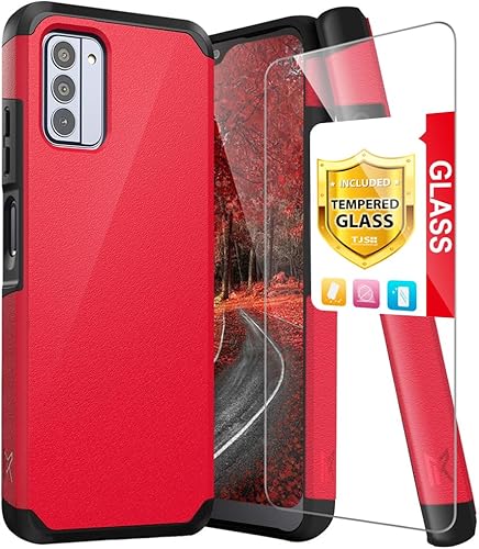 TJS Funda compatible con Nokia G310 5G, con protector de pantalla de vidrio templado de doble capa, soporte magnético híbrido a prueba de golpes,