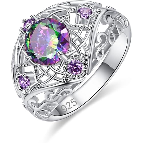 Veunora Silver Plated Round Cut 8x8mm Created Rainbow Blue Topaz Cubic Zirconia Filled Twisted Knot Women Ring