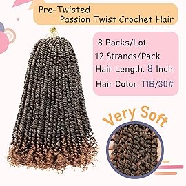8 Packs Passion Twist Hair 8 Inch Pre-twisted Passion Twist Crochet Hair Pre-looped Crochet Braids Hair for Women Passion Twists Braiding Hair Synthetic Hair Extensions(12Strands/Pack; T1B/30)