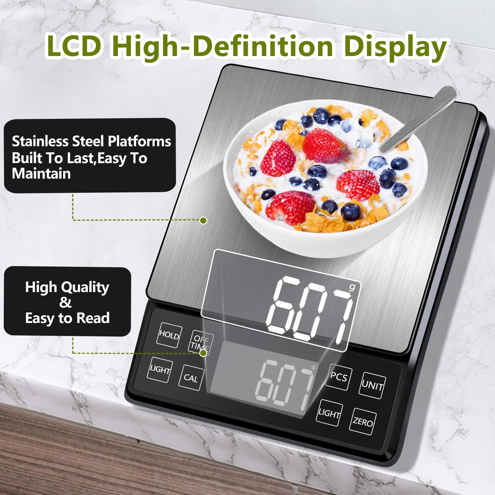 Báscula digital de alimentos con alta precisión de 0.01 onzas, capacidad de 11 libras/5 kg, recargable por USB-C, LCD con retroiluminación, sartén de acero inoxidable, báscula de cocina para cocinar