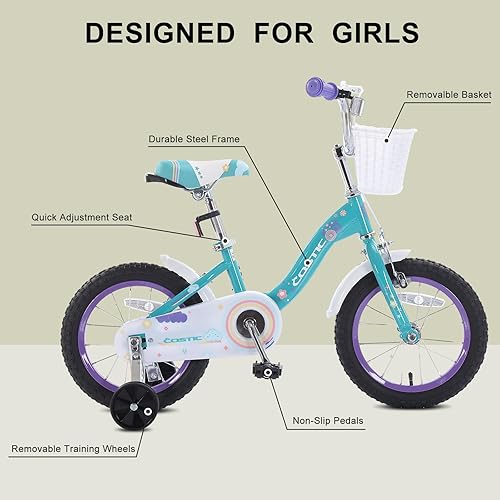 Miniatura 3 de COSTIC Bicicleta para niños de 3 a 8 años con ruedas de entrenamiento y freno de mano delantero, bicicletas para niñas pequeñas de 12, 14, 16