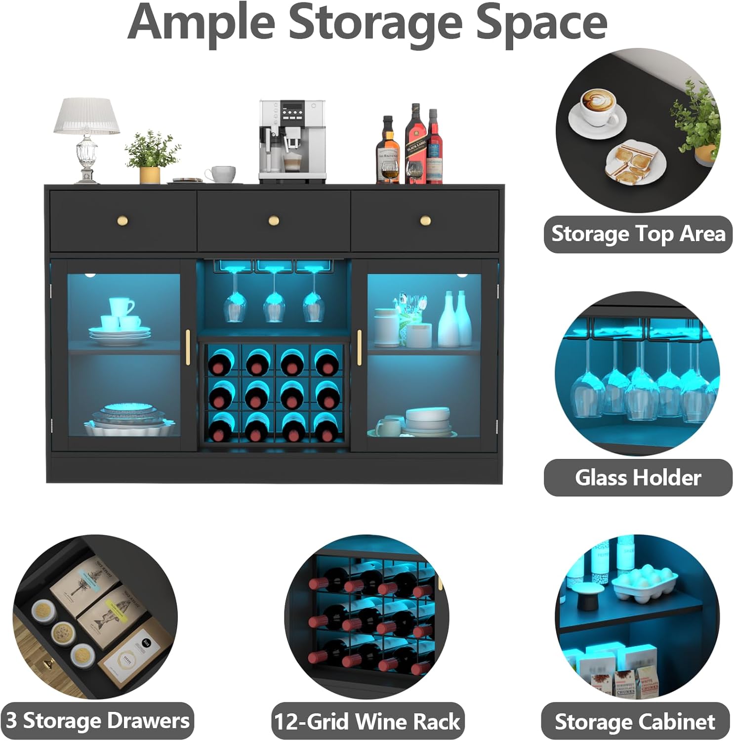 Diagram illustrating the adjustable storage shelves inside the Auromie Wine Bar Cabinet.