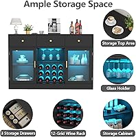 Vista 4 de Auromie Armario de bar de vinos con luz LED, gabinete de café para el hogar con estante para vino y vidrio, aparador de cocina con gabinete y Negro
