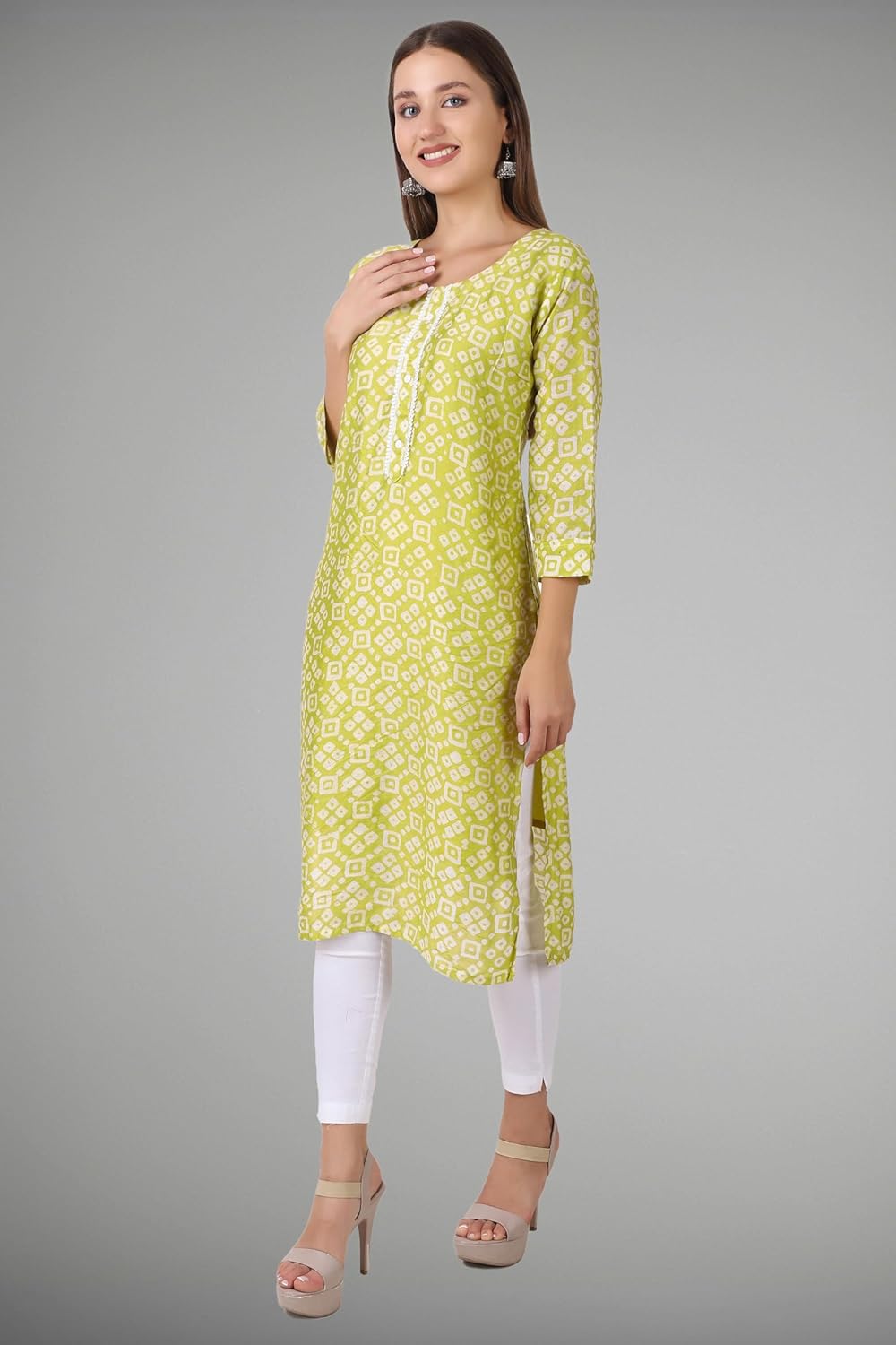 ladyline Women's Silk Tunic Top Kurti - Ethnic Batik Printed Lace Work Indian Kurta - Image 3