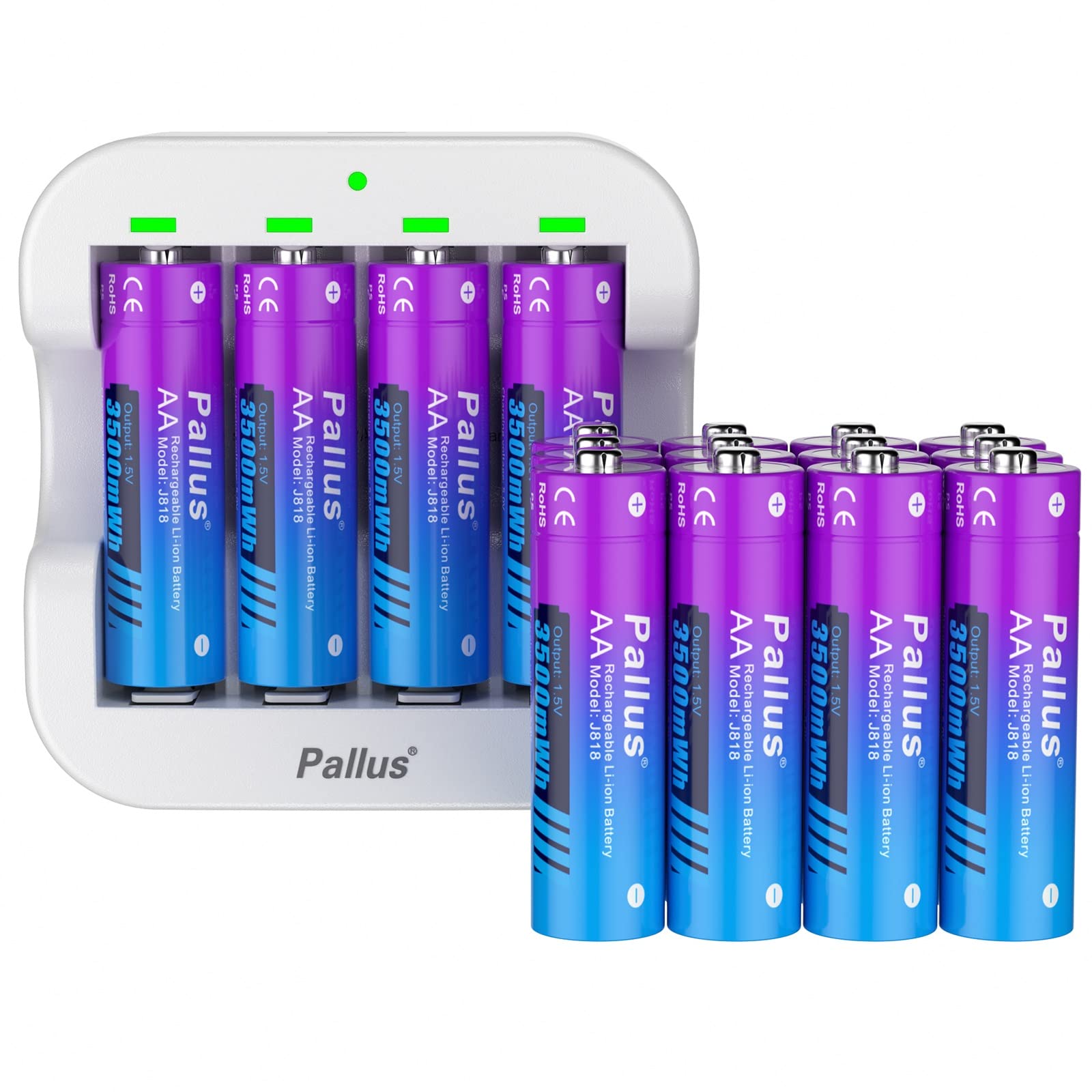 Pallus 16-Pack 1.5V AA Rechargeable Lithium Batteries, Double A Li-Ion Batteries with Ultra Fast AA Lithium Battery Charger, 3500mWh High Capacity, Super Long Lasting, 1600x, 1.5V Constant Outpu