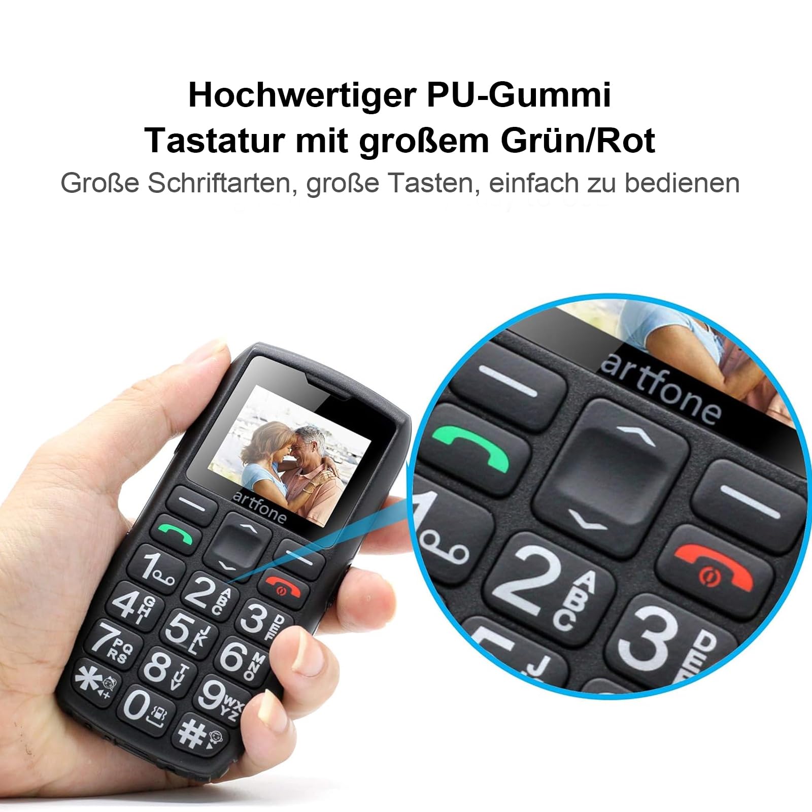 artfone 4G Seniorenhandy ohne Vertrag | SIM mit Notruftaste | Rentner Handy Große Tasten | Taschenlampe | Akku Lange Standby-Zeit | USB-C | Tastenhandy mit Ladestation | 1,77 Zoll Farbdisplay