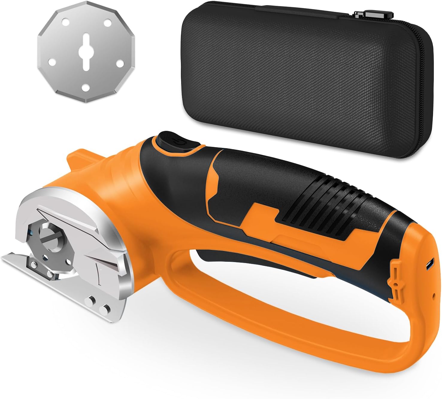 Cordless Electric Scissors, 4V Rechargeable Box Cutter & Cardboard Cutter with LED Light, Safety Lock - Rotary Cutter for Fabric, Leather, Carpet, Plastic, Crafting, Sewing with Storage Box (Orange) Orange-storage Bag + Blade