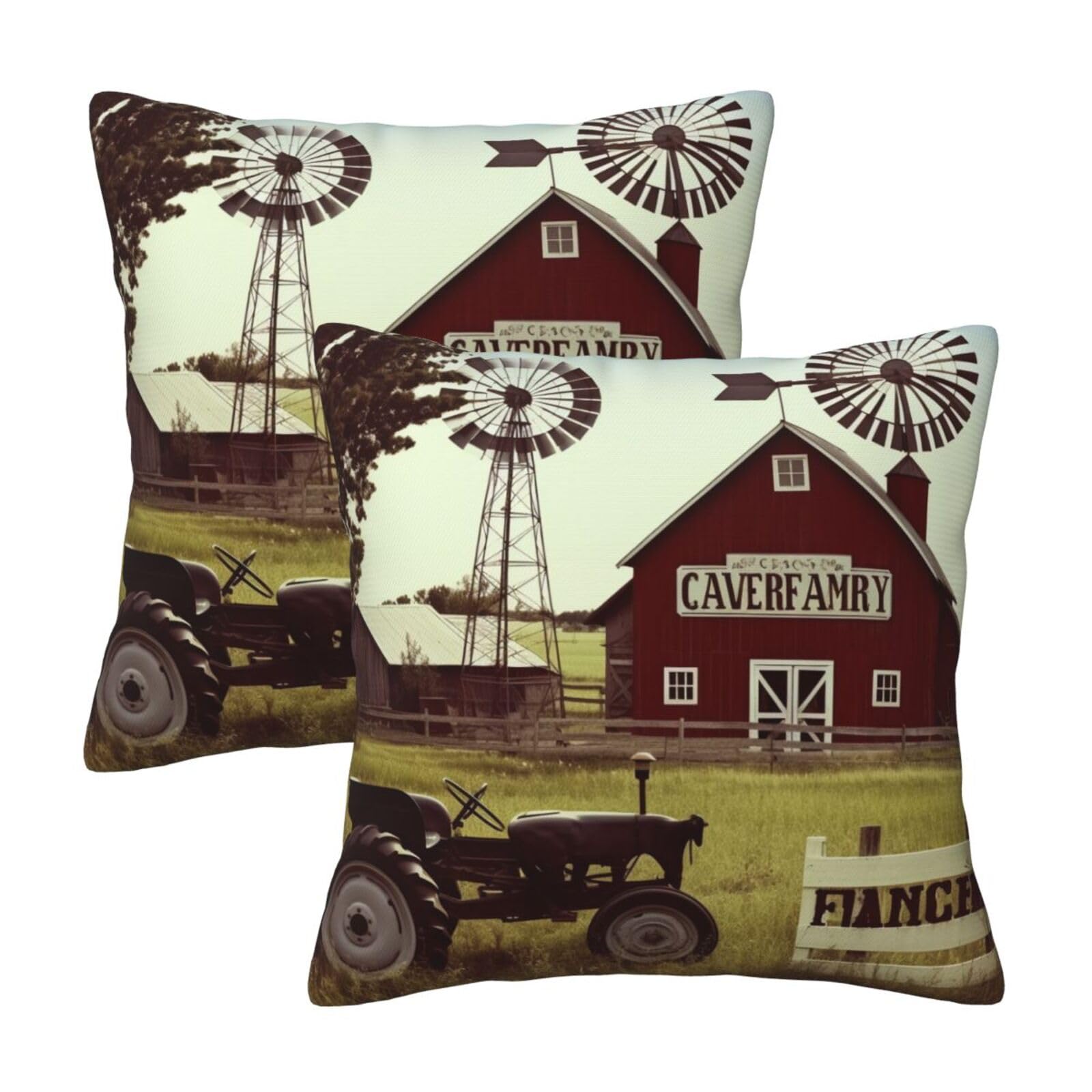 Farm Houses Windmill Tractor Throw Pillow Cases 2 Pack Square Pillowcases Soft Pillow Protectors for Couch Livingroom Sofa Bed Office Car,30x30 CM