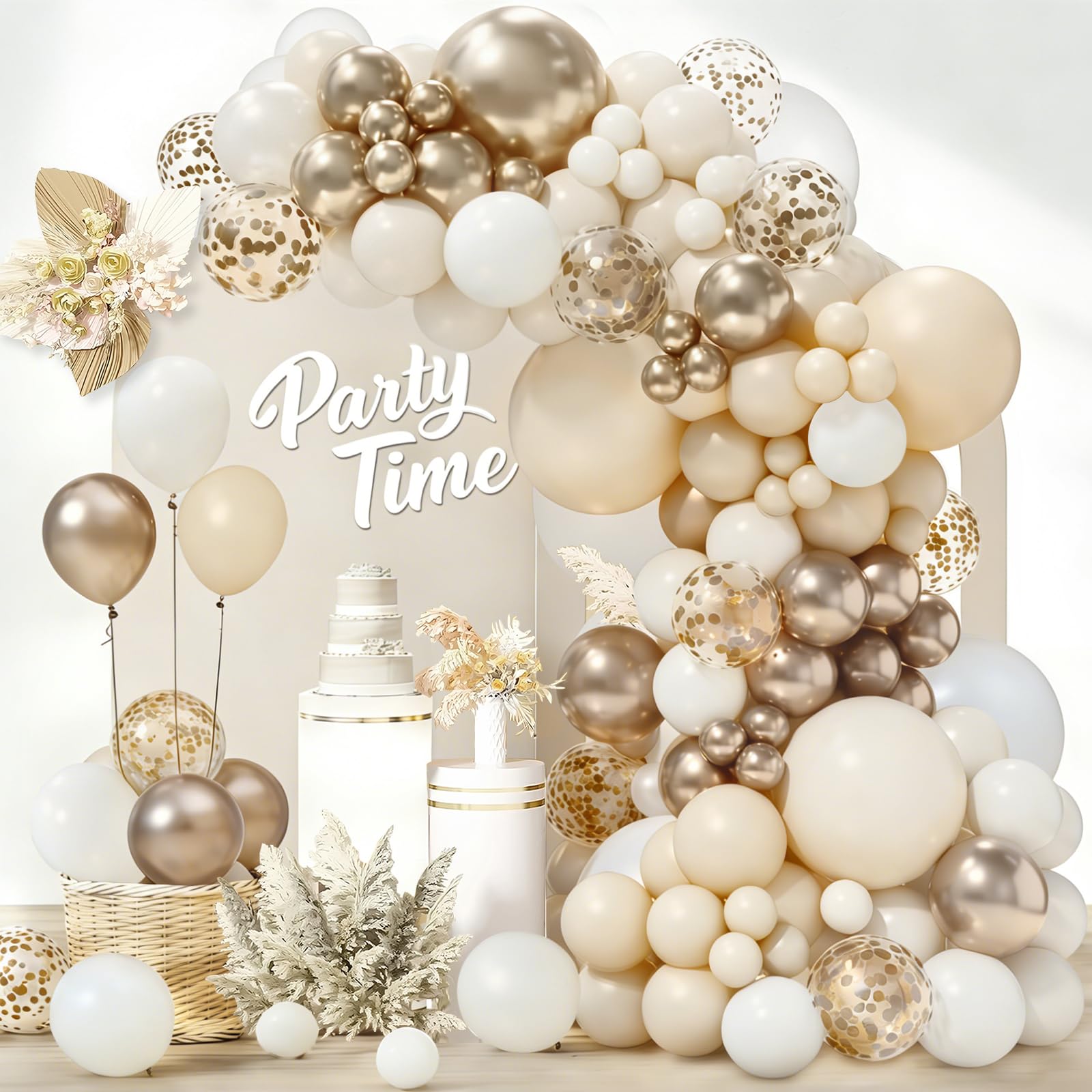 Beige Gold White Balloon Arch Kit, Confetti Balloons, 102Pcs 18 12 10 5 Inch Different Sizes Balloon Garland, Latex Balloons, Perfect for Wedding, Baby Shower, Birthday, Hen Party Decorations