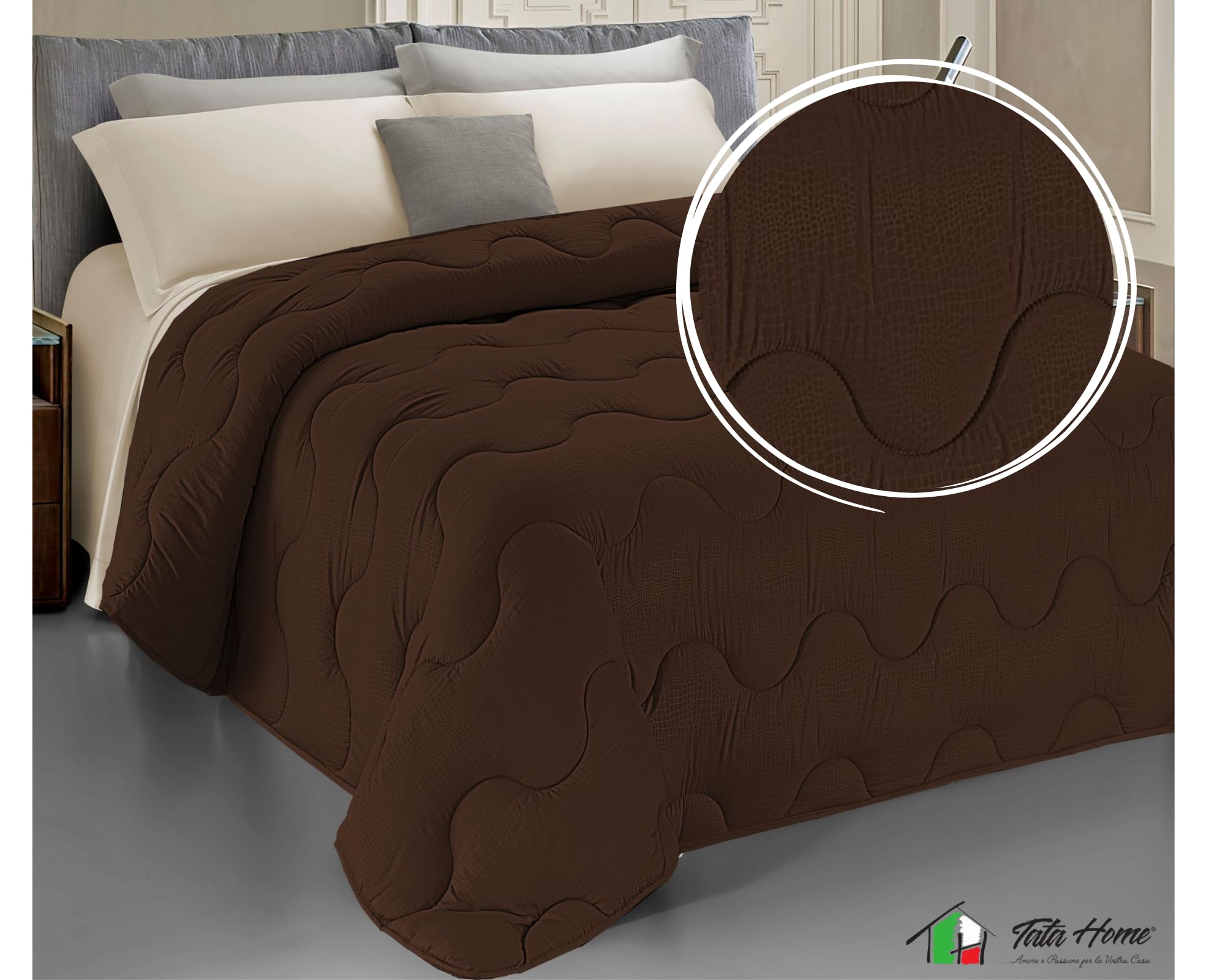 Tata Home Trapunta Invernale Matrimoniale Imbottita in Morbida Microfibra Piumone Letto Trapuntato Caldo e Soffice Autunno Inverno Traspirante Anallergico Made in Italy Mod. Samira Colore Marrone