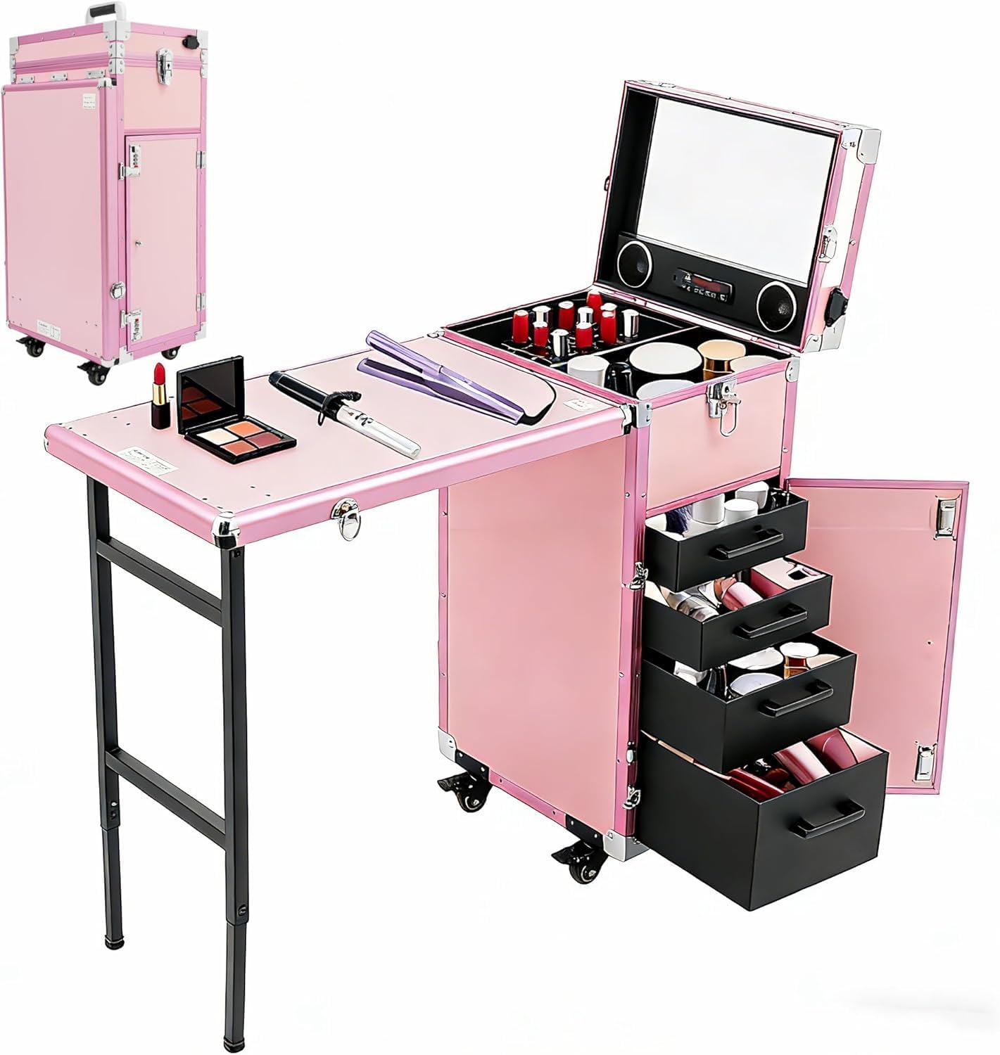 Portable Nail Table, 110lbs Load Rolling Portable Manicure Table + Bluetooth Speakers, Lockable Wheels, Combination Locks, Travel Nail Desk for Makeup Artists/Hair Stylists/Pet Groomers