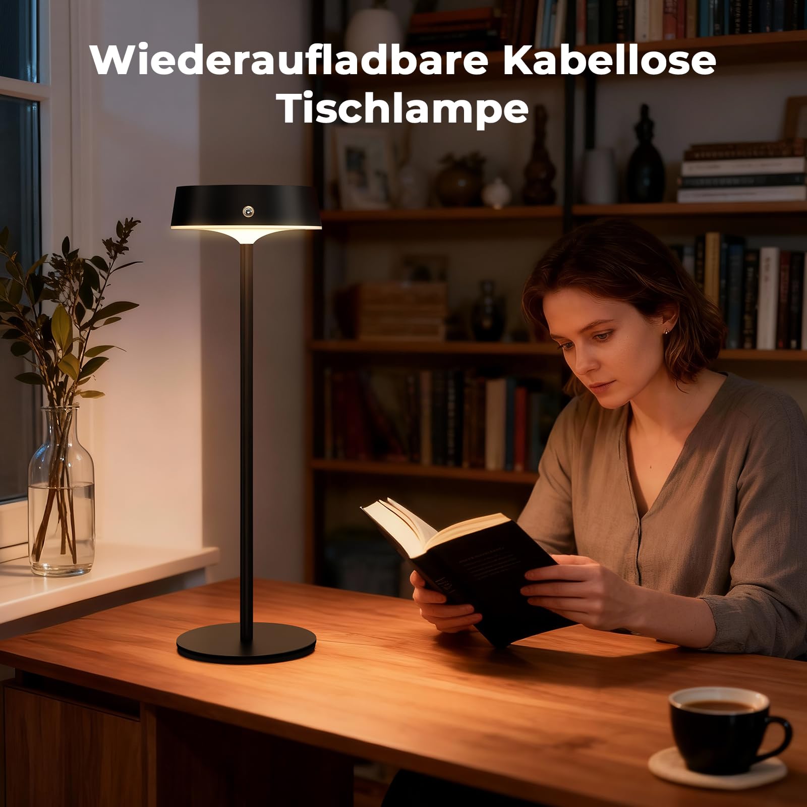 Lampe de Table LED Sans Fil 2 Pièces, Lampe Chevet Rechargeable Tactile, Hauteur Réglable, Luminosité et 3 Températures de Couleur Variables, Aluminium Noir IP65, Pour Salon Chambre