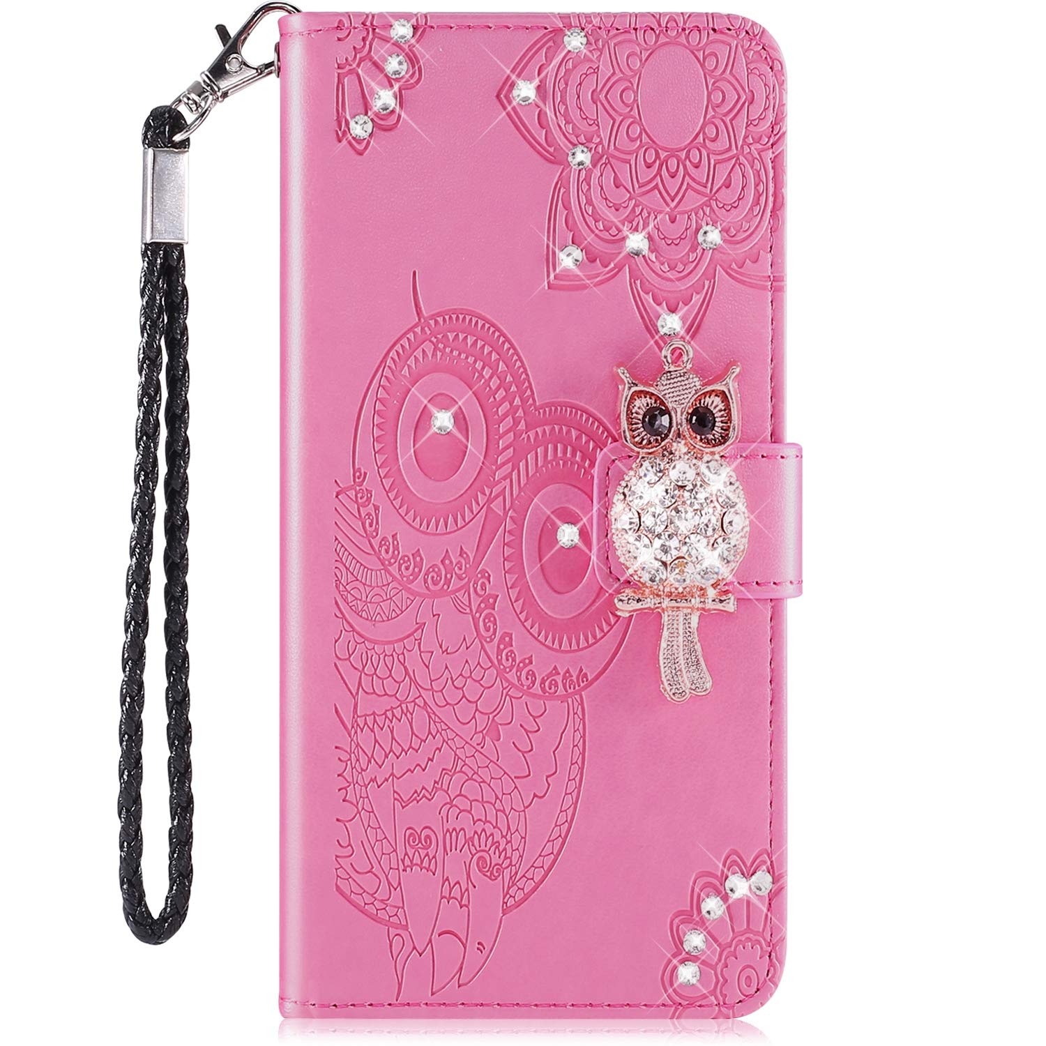 Uposao Leder Flip Case Für IPhone 11 Pro Max – Mit Strass, Blumen, Magnetverschluss & Kartenfächern, Rosa