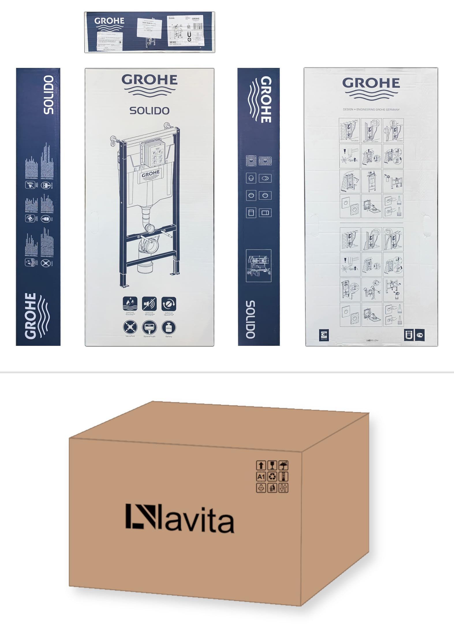 LAVITA Vorwandelement Solido + Wand Hänge WC Giant Weiß Spülrandlos + WC Sitz mit Absenkautomatik Glänzend Weiß Knopf Komplettset Unterputz Spülkasten Toilette Komplett Sett WC
