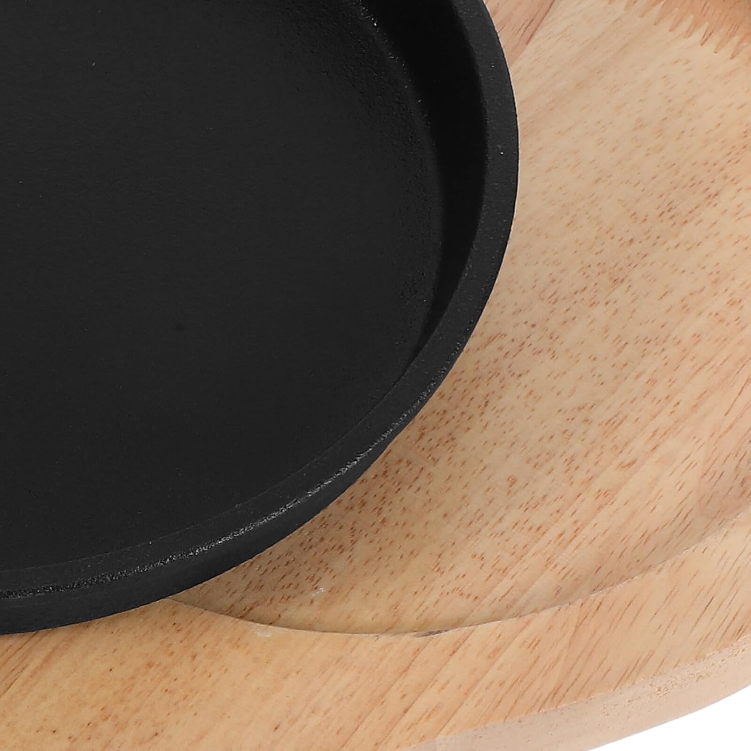 Healifty Cast Iron Bbq Plate and Grill Pan 20cm Thickened round Iron Plate with Wooden Base for Steak and Vegetable Cooking on Induction and Gas Stovetops