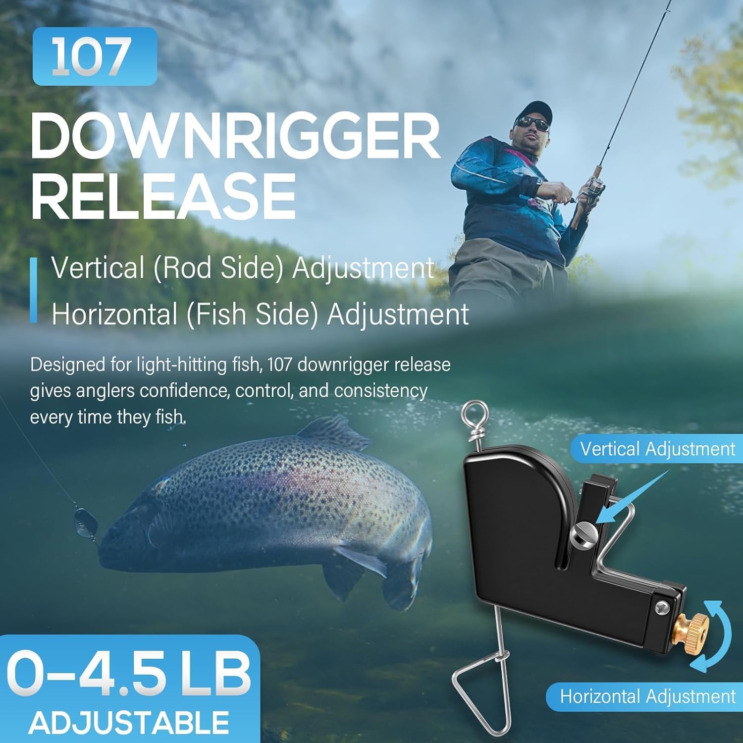 Bonbo 107 Downrigger Release, Adjustable 0–4.5 lb Tension, Vertical & Horizontal Adjustments