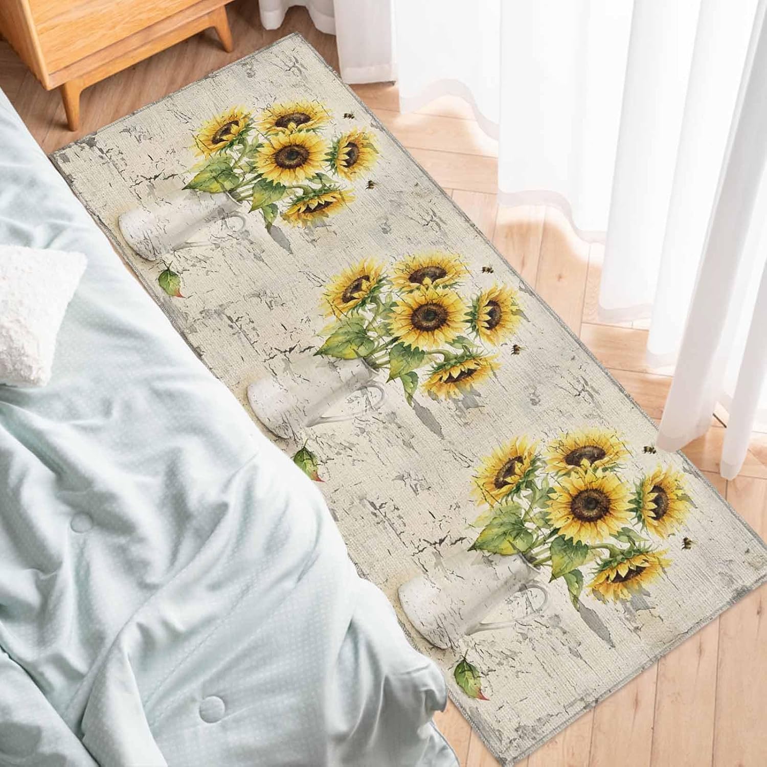 Teamery Kitchen Mats for Floor Farmhouse Sunflowers Wildflowers Washable Non Slip Kitchen Rugs 1PCS, Vintage Abstract Art Absorbent Standing Mats for Sink Bathroom Office Living Room 15.7x47.2in