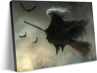vandlife Halloween Canvas Wall Art Flying Witch with Flowing White Hair Dynamic Broomstick Pose with Bat Swarm on Grey Sky Gothic Painting Prints for Home Decor Gallery Wrapped 30x20in