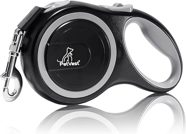 PetVest Retractable Dog Leash – Extendable up to 26 FT, Heavy Duty Nylon Tape, No-Tangle, One-Handed Brake & Lock, for Small to X-Large Dogs up to 110 lbs (Black)