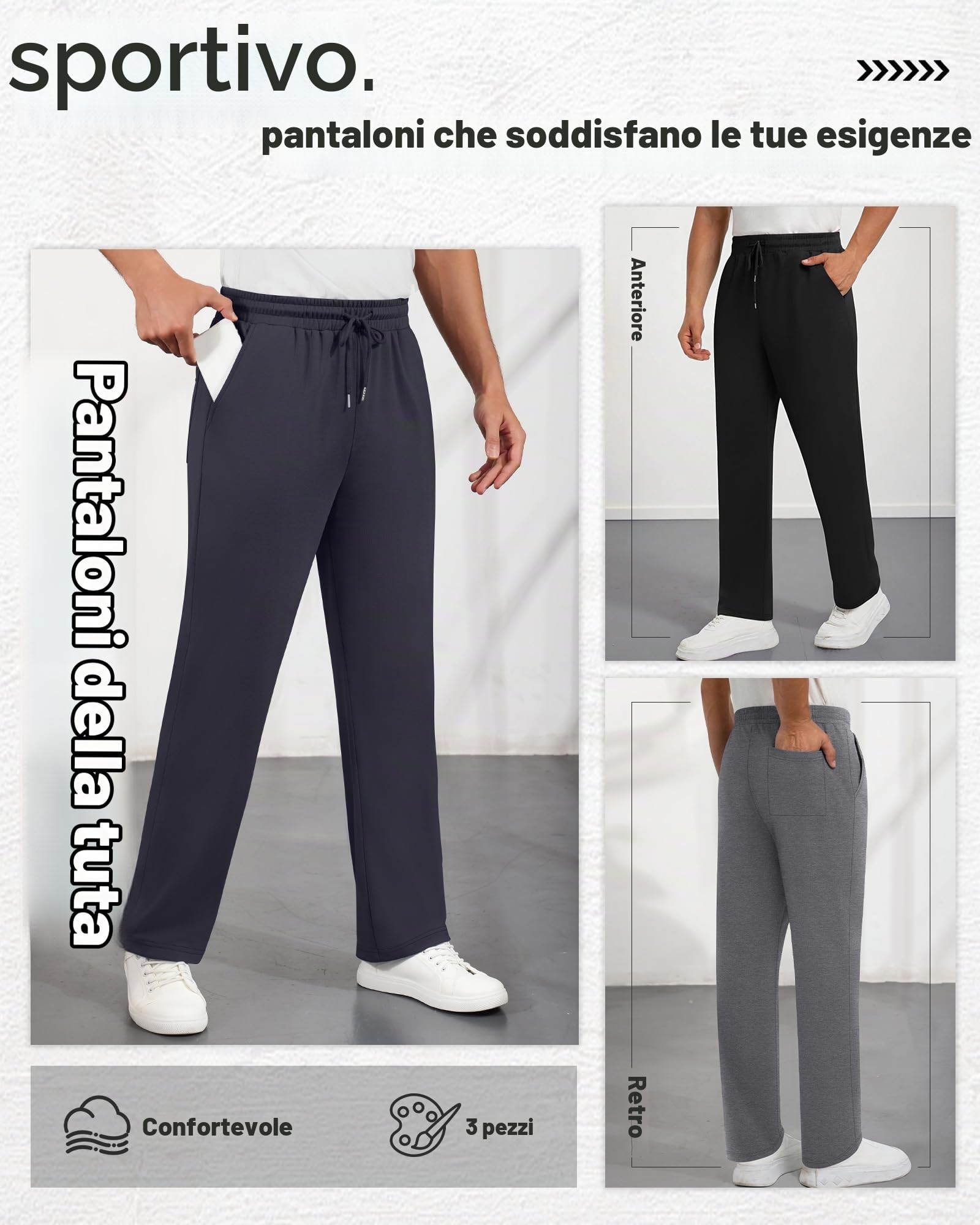 Neer Confezione da 3 Pantaloni da Casa da Uomo, Leggeri, con Fondo Aperto, Larghi, Comodi, con Coulisse e 3 Tasche