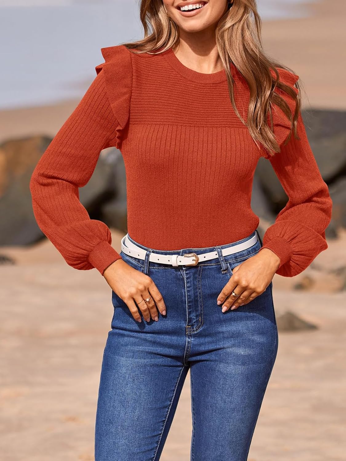 PRETTYGARDEN Women's Ruffle Long Sleeve Sweaters Crew Neck Lightweight Sweater 2026 Fall Trendy Ribbed Knit Pullover Tops - Image 7