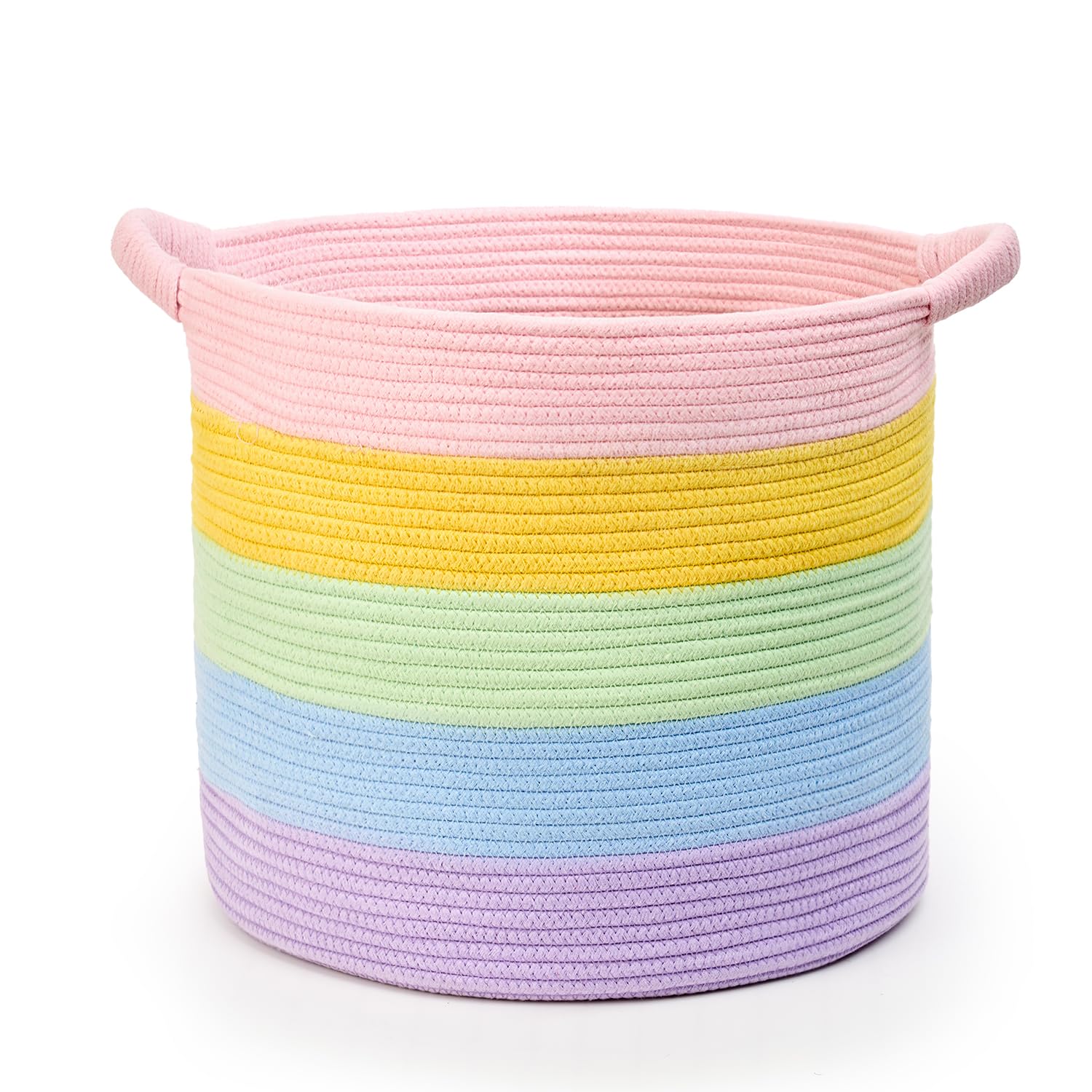 Kodomoore Blanket Basket for Living Room, Woven Rope Storage Basket | 16"D x 14"H | Rainbow | Laundry, Stuffed Animal & Dog Toy Basket | Reinforced Handles | Housewarming Gift Basket