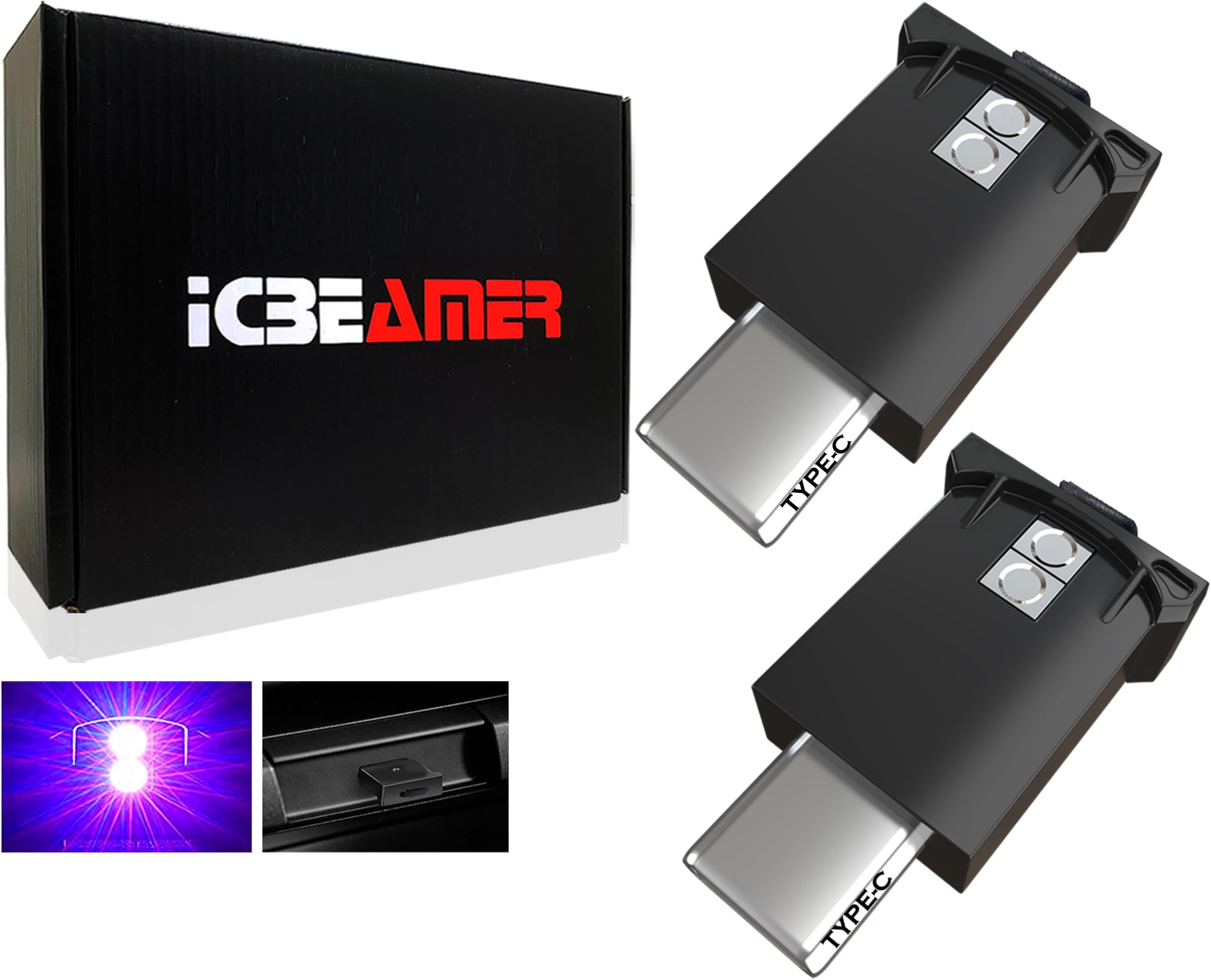 ICBEAMER Type C Adapters USB Ambient Light 2-Pack (Purple) | Smart Interface, Miniature LED Night Lights for Car Interior, Trunk, Van, Pickup, Easy Plug-in, Enhance Automotive Ambiance