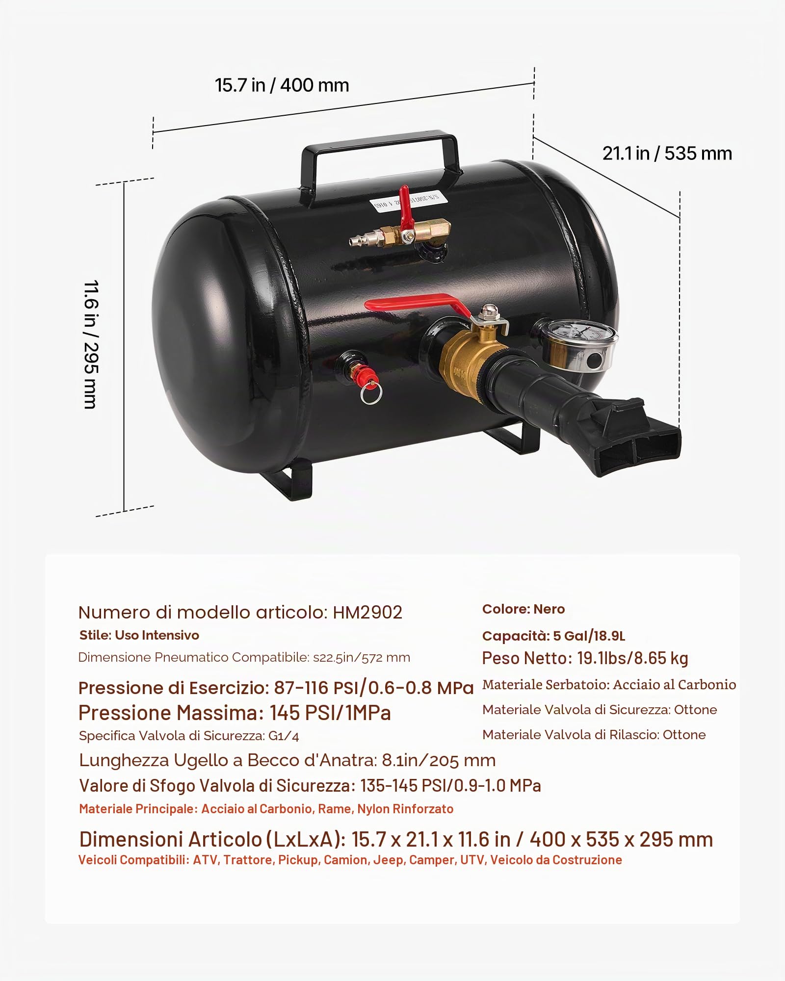 VEVOR Attrezzo per Gonfiaggio Pneumatici per Impieghi Gravosi, 0,6 a 0,8 MPa, 18,9 L Gonfiatore per Sedili con Grilletto Pneumatico per Pick-Up, Camion, ATV, Jeep, Furgone, Trattorino, Camper, Nero