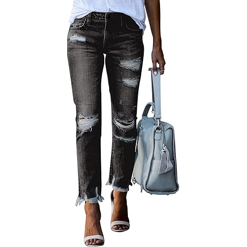 Dokotoo Women's Patchwork Destroyed Raw Hem Jeans Ripped Hole Boyfriend Denim Pants