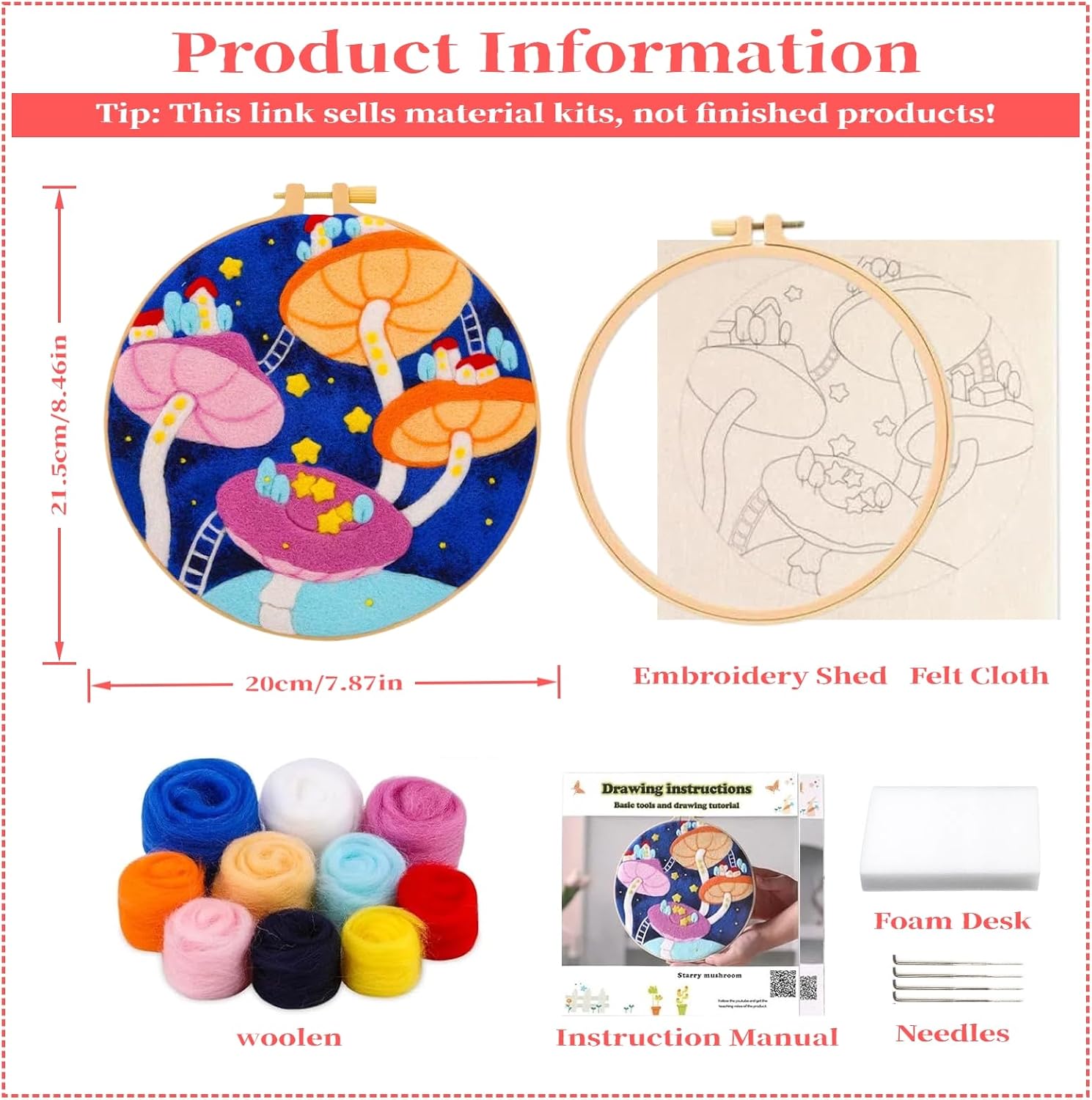 Wonafa Needle Felt Starter Set,Wool Needle Felt Starter Kit, Beginner Needles Felts Kit (Mushroom Star)(Mushroom Star)