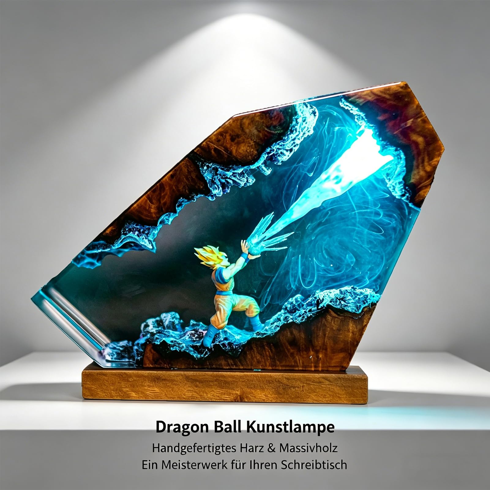 Harzlampe,Nachttischlampe,3D Harz Saiyajin Goku Figuren Nachtlicht,mit USB Kabel mit Holzsockel,LED-Leuchten aus Epoxidharz,Desktop Dekoration für die Dekoration von Zuhause und Büro (stil-2,8*5in)